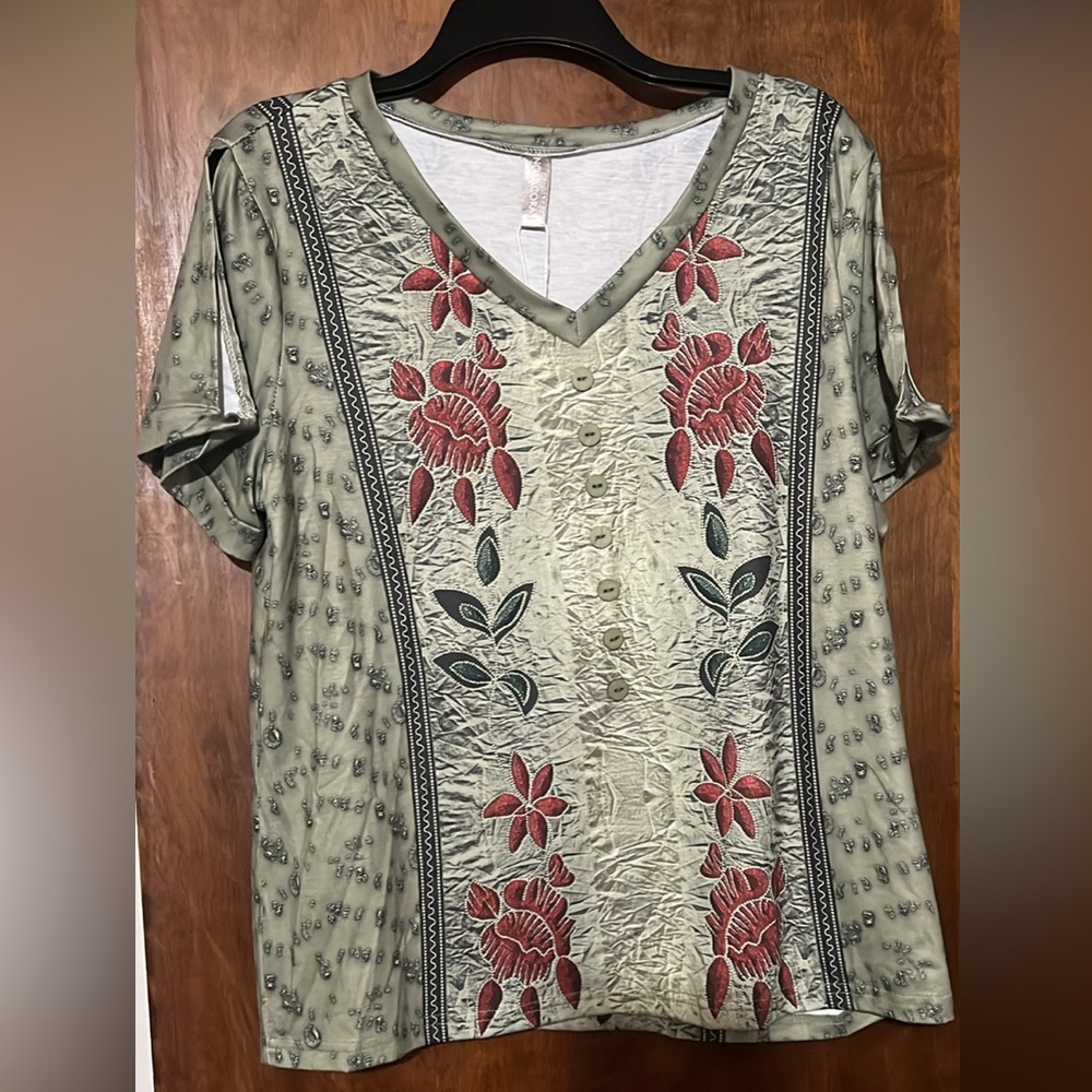 V-Neck Short Sleeve Top with Red Floral Embroidery